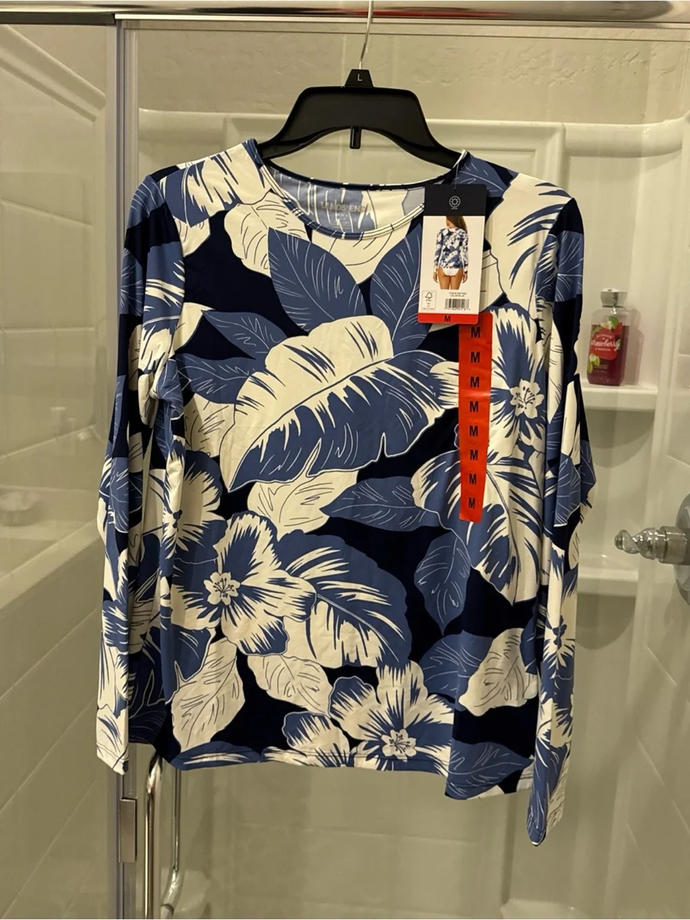 Lands' End Navy and Cream Tropical-Print Long Sleeve Top